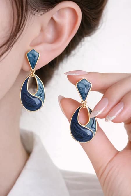 Elegant Blue Marble Drop Stud Earrings for Women with Gold Finish
