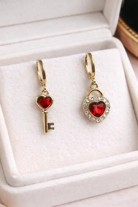 Elegant Red Heart Lock Key Stud Earrings for Women with Crystal Stone