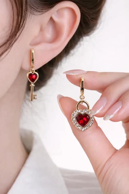 Elegant Red Heart Lock Key Stud Earrings for Women with Crystal Stone