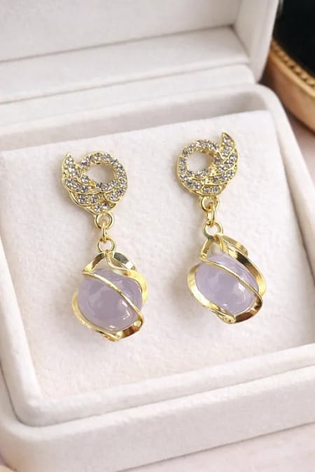Lavender Crystal Drop Stud Earrings for Women with Gold Finish