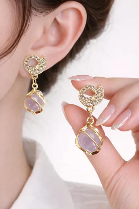 Lavender Crystal Drop Stud Earrings for Women with Gold Finish