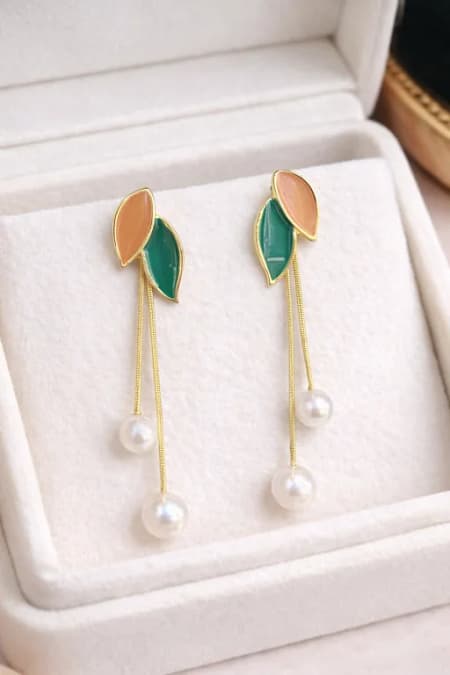 Elegant Leaf Pearl Drop Stud Earrings for Women with Enamel Leaf Design