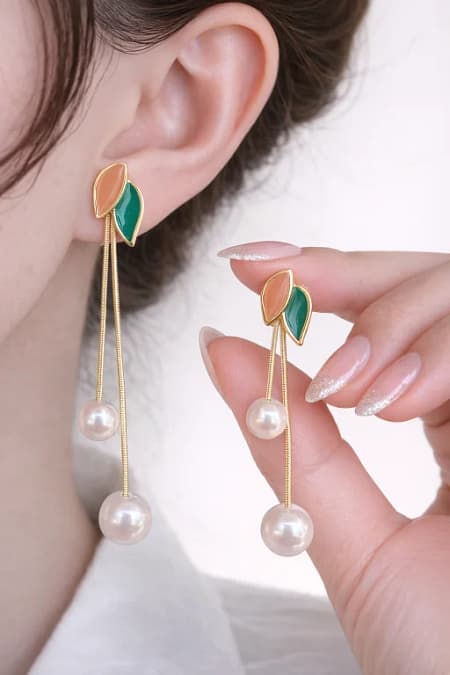 Elegant Leaf Pearl Drop Stud Earrings for Women with Enamel Leaf Design