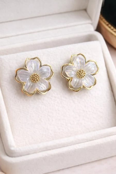 Elegant White Flower Stud Earrings for Women with Gold Finish