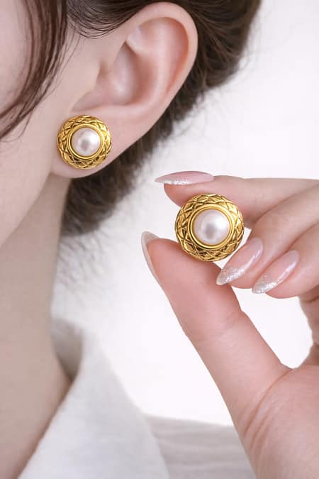 Gold Pearl Dome Stud Earrings for Women