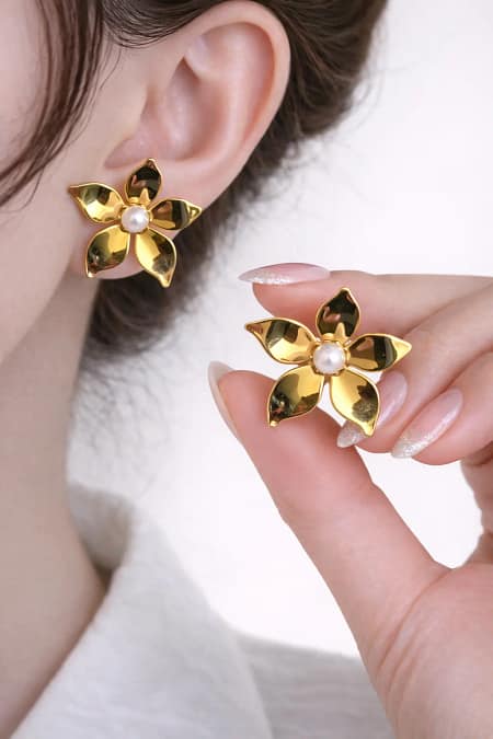 Gold Floral Pearl Stud Earrings for Women