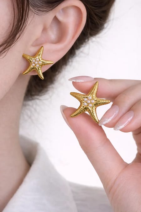Gold Starfish Pearl Stud Earrings for Women