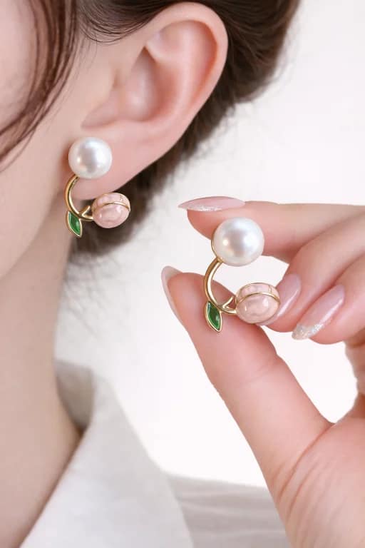 Elegant Pearl Flower Stud Earrings for Women with Pink Flower Design