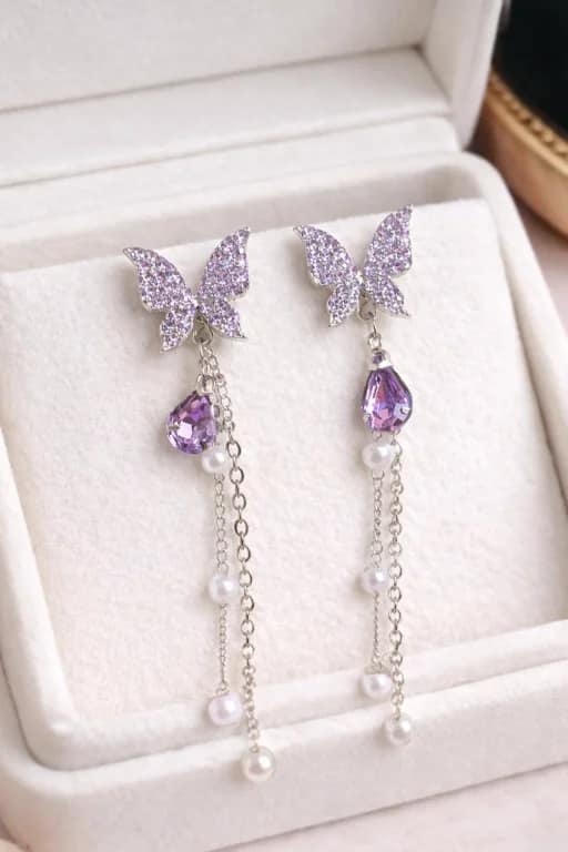 Purple Crystal Butterfly Tassel Stud Earrings for Women - Image 2