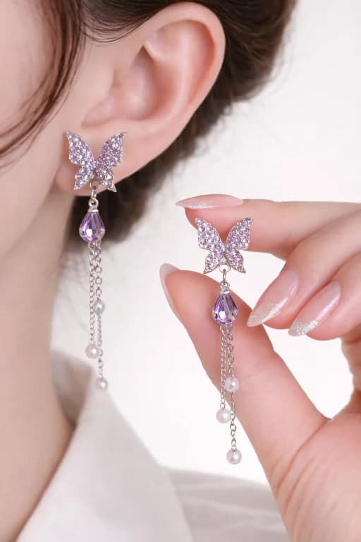 Purple Crystal Butterfly Tassel Stud Earrings for Women