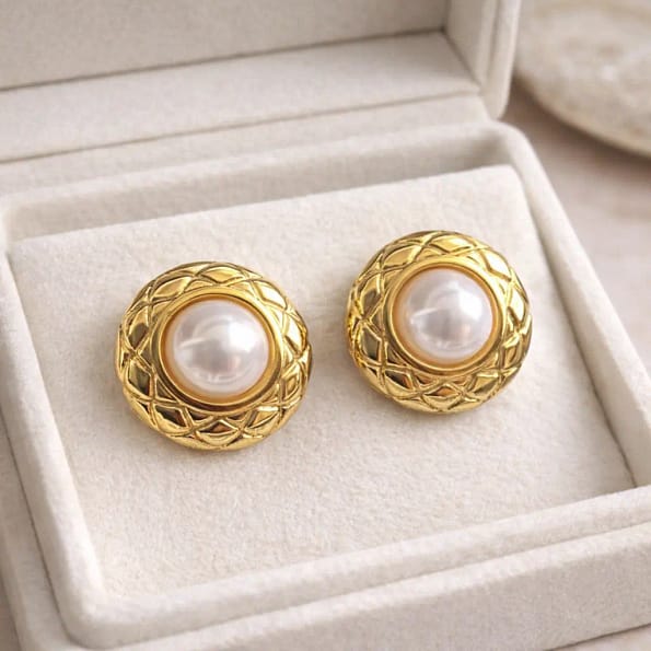 Gold Pearl Dome Stud Earrings for Women