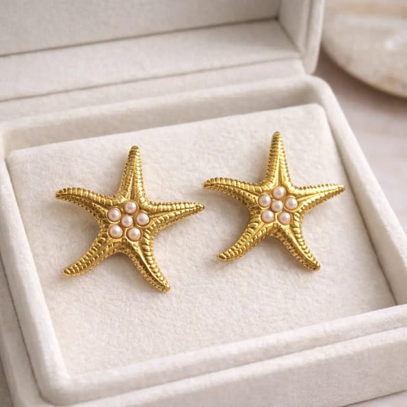 Gold Starfish Pearl Stud Earrings for Women