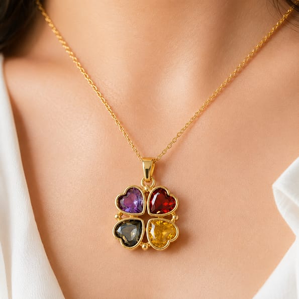 Lucky Clover Crystal Pendant Necklace with colorful heart shaped crystals