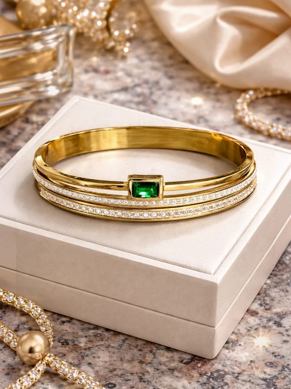 Emerald Green Stone Bracelet for Women Gold Crystal Cuff Bracelet