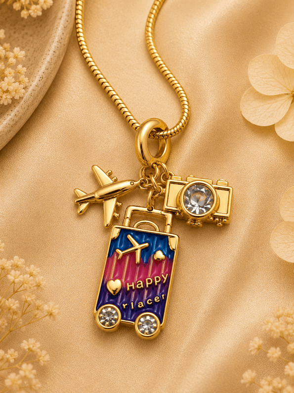 Travel Charm Pendant Necklace Gold Plated Airplane Camera Suitcase Necklace for Women