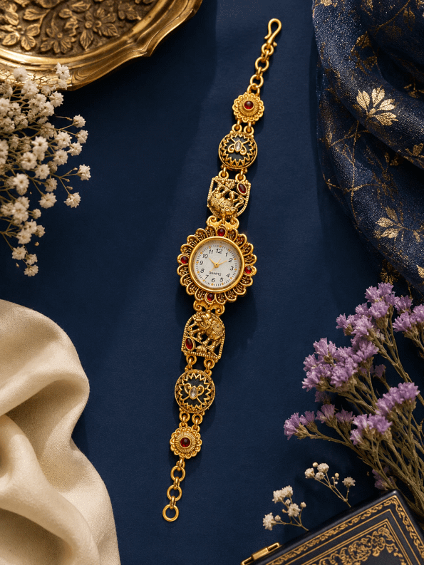 Rajlakshmi Maharani Bracelet Watch for Women – Royal Antique Gold Heritage Watch by VEDA JEWELS
