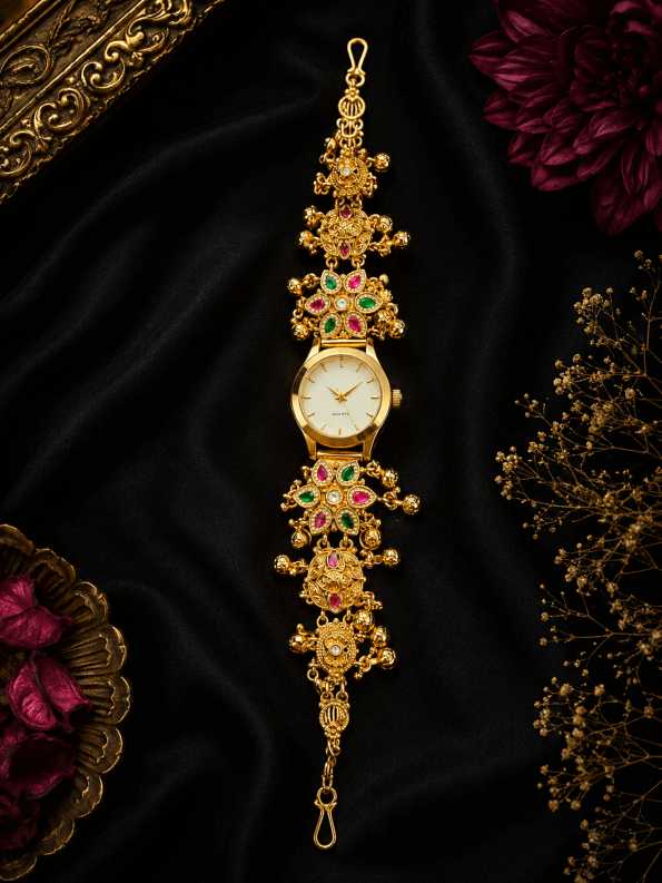 Haripriya Maharani Bracelet Watch for Women – Royal Gold Bracelet Watch with Emerald & Ruby Inspired Stone Design by VEDA JEWELS