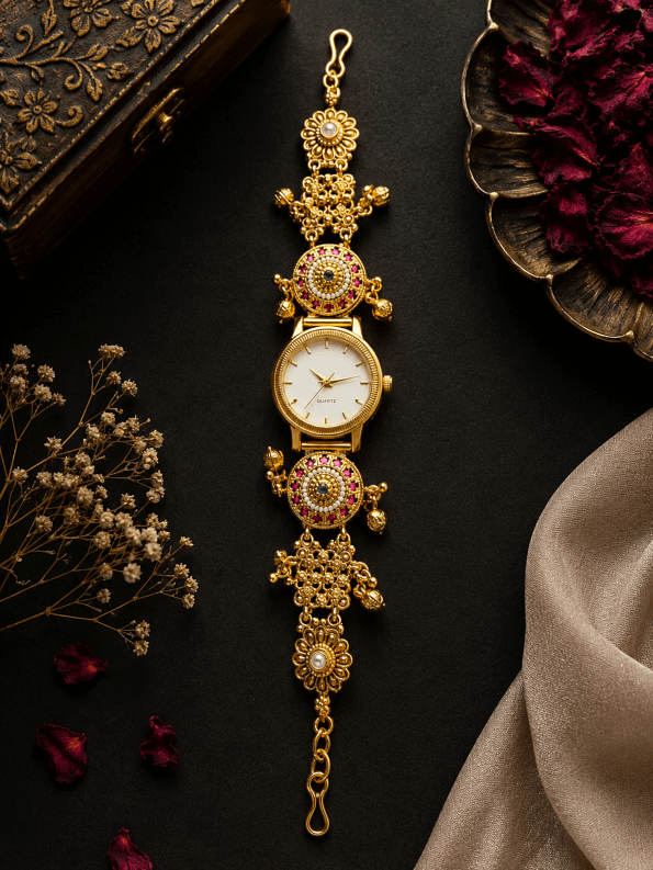 Padmaraga Maharani Bracelet Watch for Women – Royal Gold Bracelet Watch with Ruby & Emerald Inspired Stone Design by VEDA JEWELS