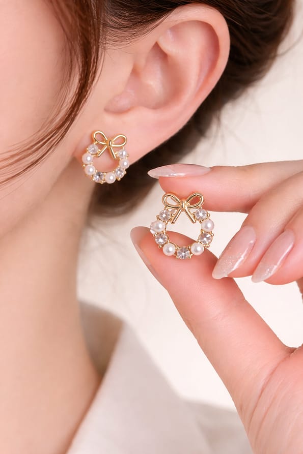 Gold Bow Pearl Stud Earrings with Pearl & Crystal Detailing