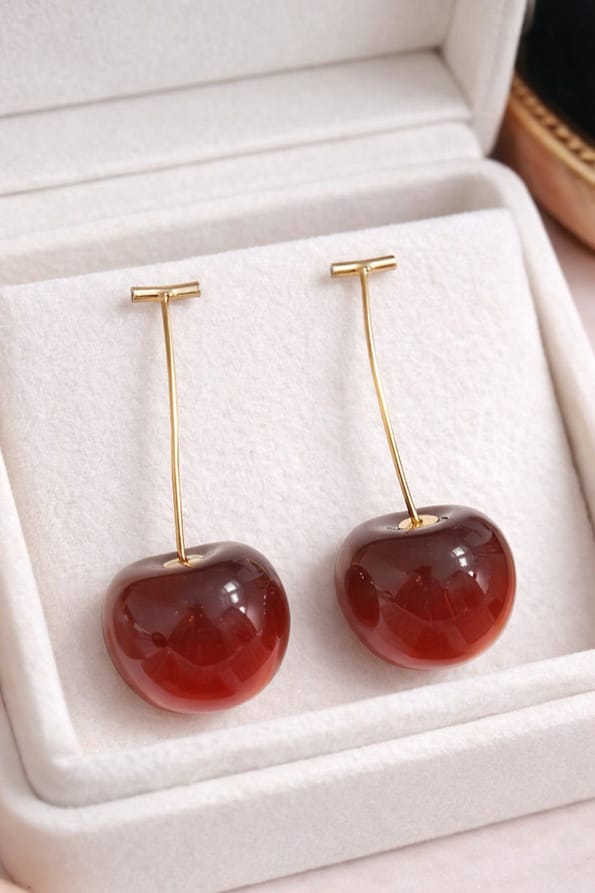 Cherry Drop Earrings with Glossy Red Finish and Gold Stem Design