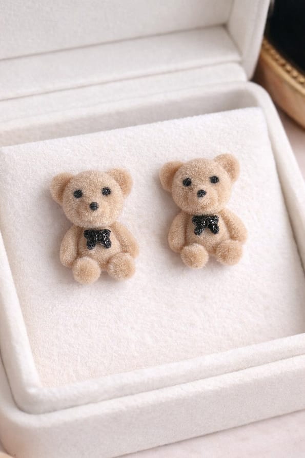 Teddy Bear Stud Earrings with Soft Plush Finish and Bow Detail