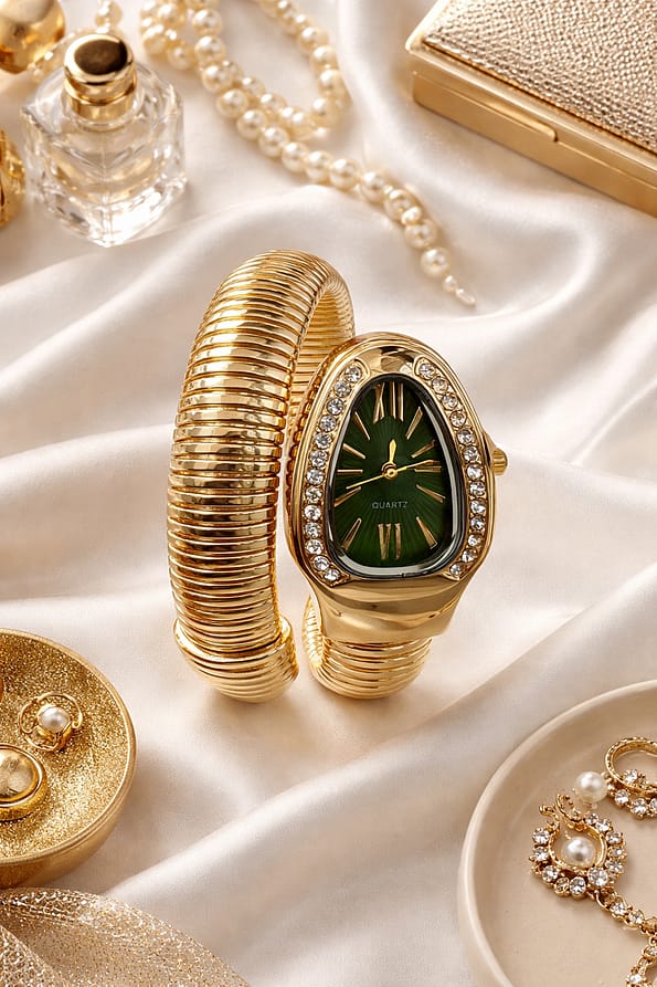 Gold Snake Wrap Bracelet Watch for Women Green Dial