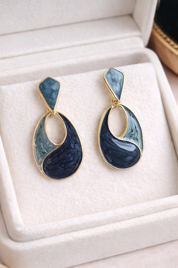 Elegant Blue Marble Drop Stud Earrings for Women with Gold Finish
